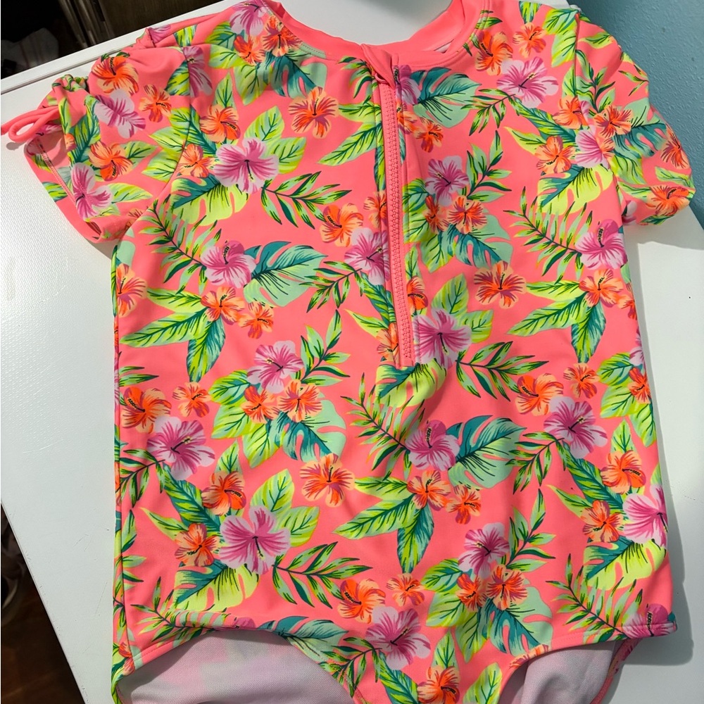Cat & Jack Pink Floral Kids Rashguard Short Sleeve Front Zip XL PLUS girls